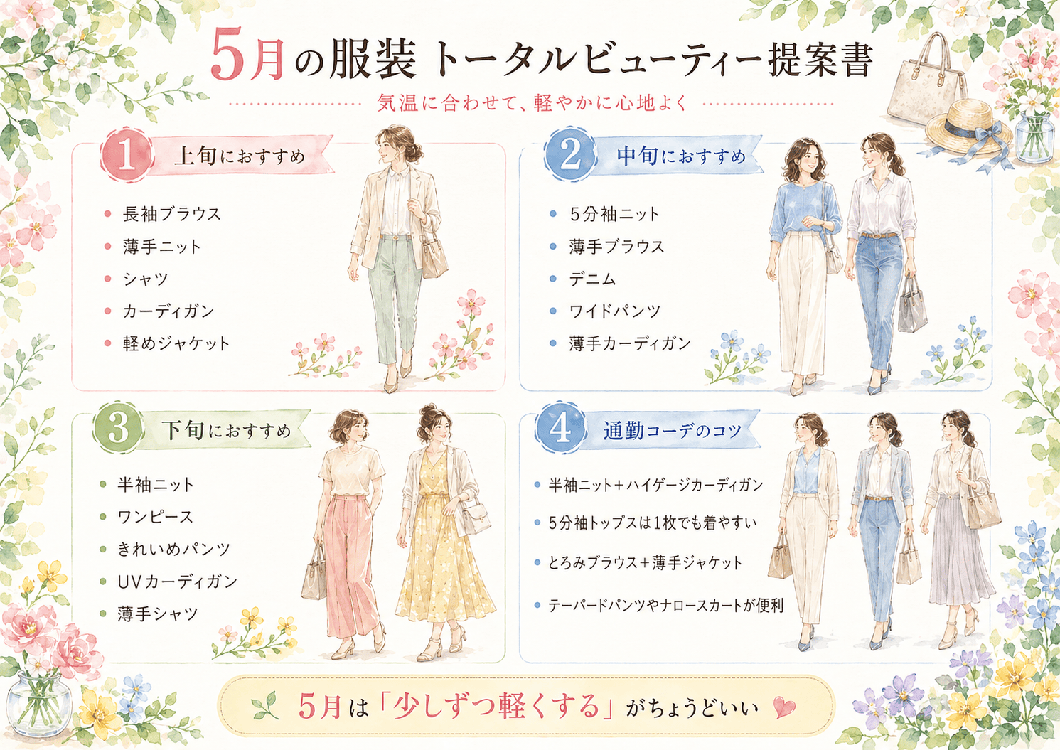 【5月の服装どうする？】上旬・中旬・下旬の気温に合うレディースコーデ｜30代・40代・通勤にも