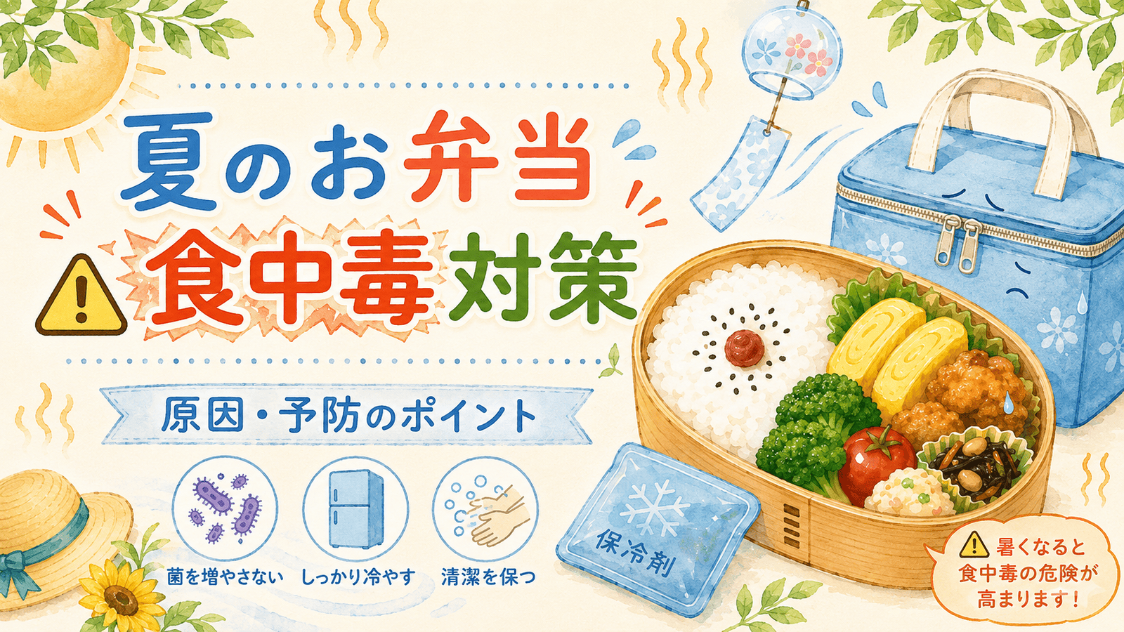 《夏のお弁当に注意?!》食中毒の原因と対策｜持ち歩き時間の目安  